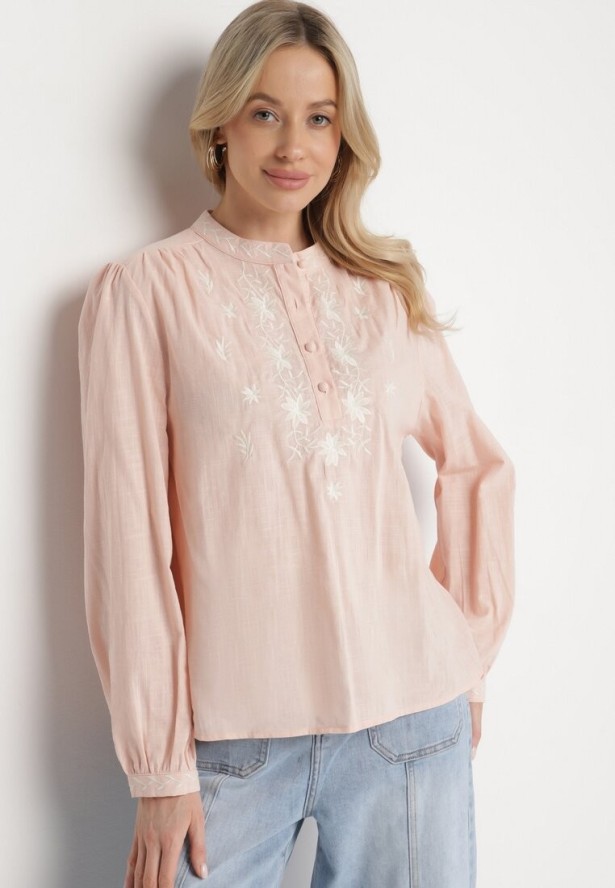 Różowa Koszula z Bawełny ze Stójką i Guzikami Zdobiona Haftem Gonithiel