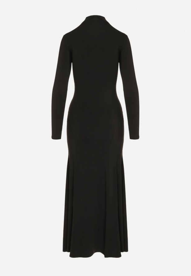 Czarna Taliowana Sukienka Koktajlowa z Wiskozą i Półgolfem Zozelira