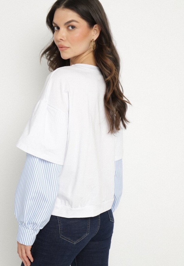 Biała Bluzka z Bawełny z Koszulowymi Rękawami w Paski Firselia