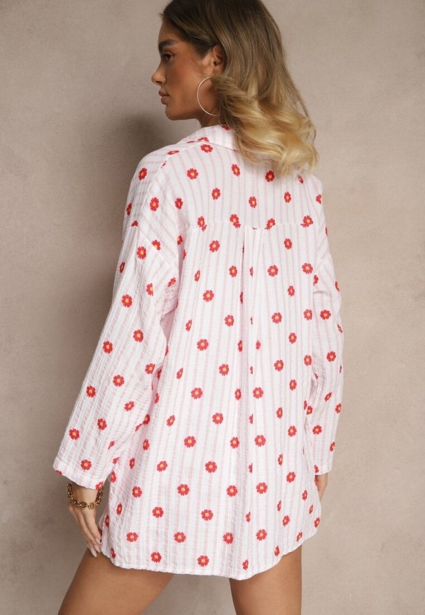 Różowy Muślinowy Komplet z Bawełny Koszula i Szorty we Wzór w Paski i Kwiaty Sellimi