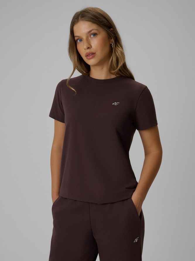 4F T-shirt regular gładki damski - brązowy M