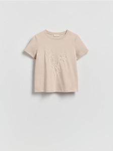 T-shirt z kwiatową aplikacją - beżowy