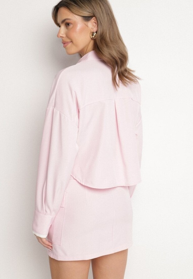 Różowy Komplet Koszula i Spódnica z Imitacją Kieszeni Zensedi