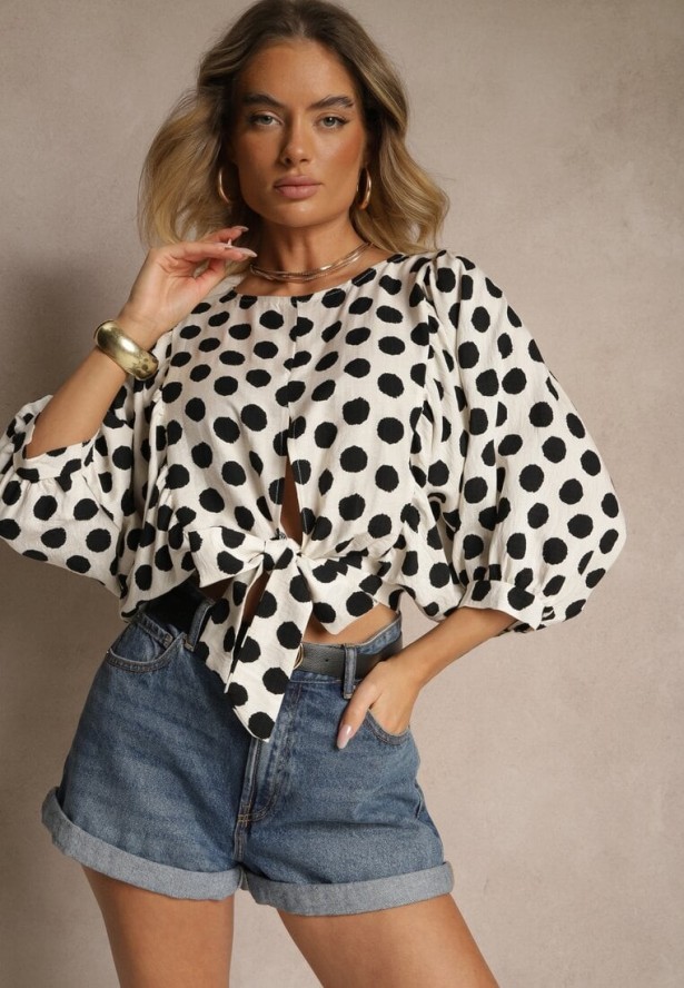 Biało-Czarna Bluzka z Wiskozy Nietoperz z Wiązaniem w Kropki Divia