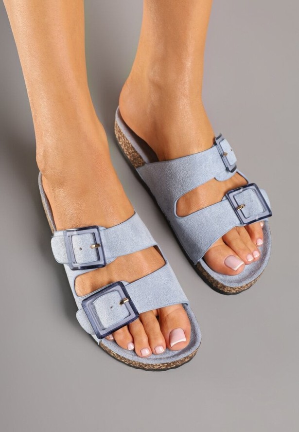 Niebieskie Klapki na Grubej Korkowej Podeszwie z Ozdobnymi Klamrami Telilora