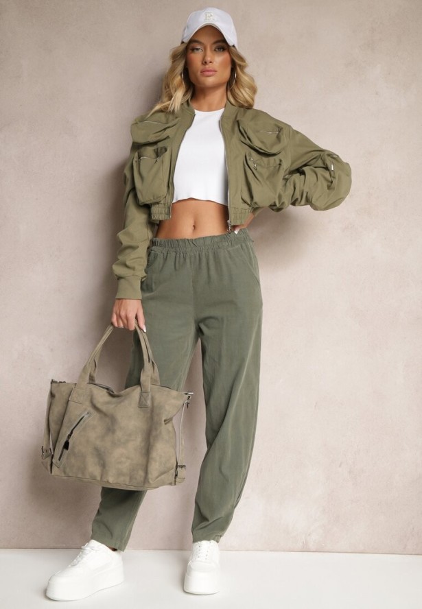 Ciemnozielone Spodnie z Bawełny High Waist Galili