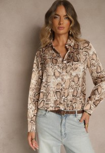 Brązowa Koszula Vices z Satynowej Tkaniny w Wężowy Print Resmina