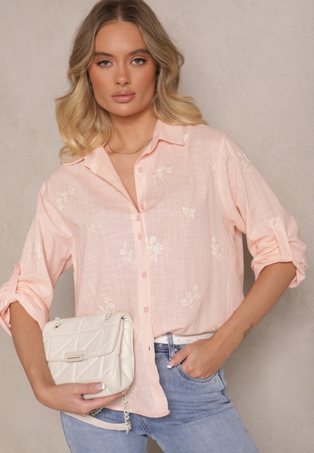 Różowa Koszula z Bawełny z Regulacją przy Rękawach Dorione