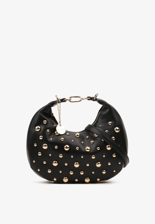 Czarna Mała Torebka ze Zdobieniem i Odpinanym Paskiem Wyneth