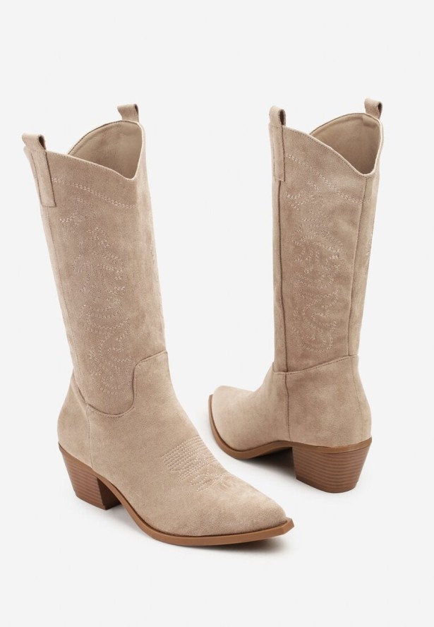 Ciemnobeżowe Botki Typu Kowbojki na Stożkowym Obcasie Naladia