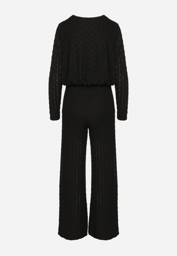 Czarny Komplet z Tłoczonej Tkaniny Szerokie Spodnie i Bufiasta Bluzka Calloti
