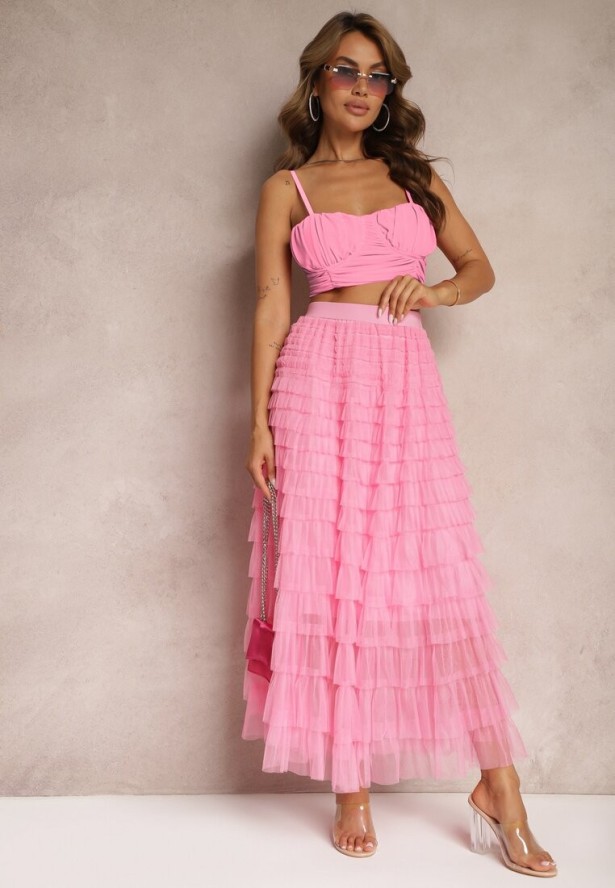 Różowa Spódnica Tiulowa z Gumką w Talii Ozdobiona Falbanami Missalisha