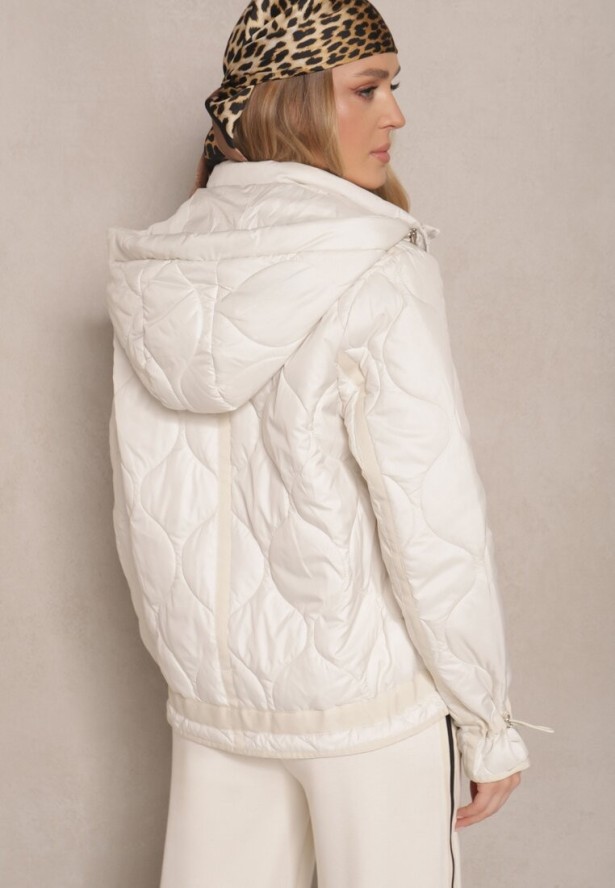 Biała Pikowana Kurtka z Kieszeniami i Odpinanym Kapturem Eranela