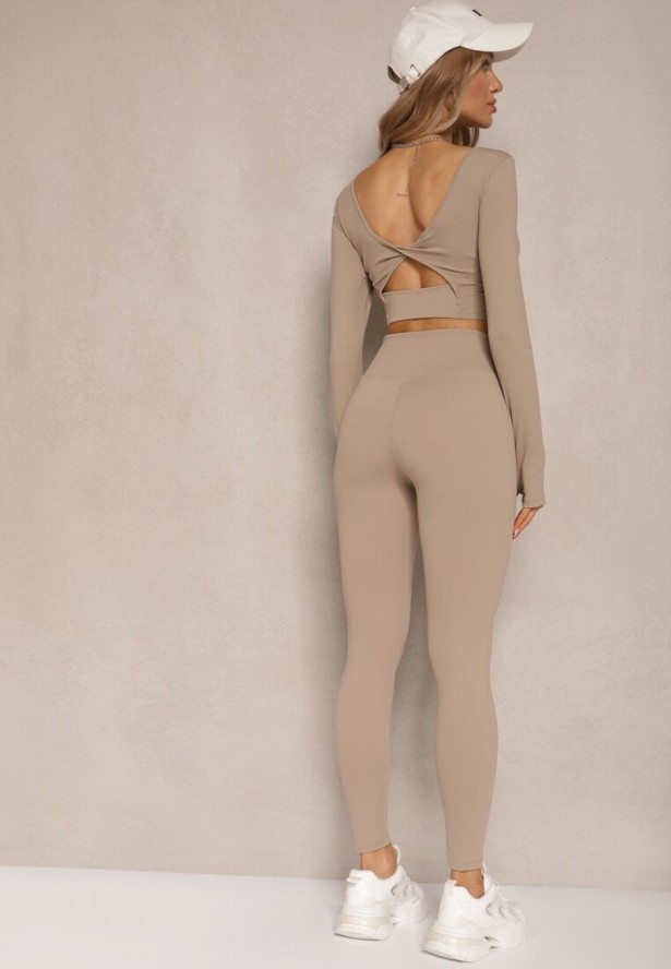 Beżowy Komplet Sportowy Legginsy High Waist i Longsleeve z Ozdobnym Tyłem Dasalle