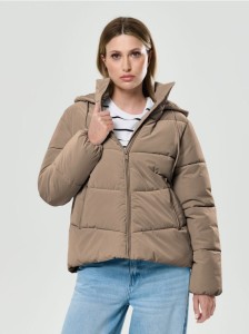 Ocieplana kurtka puffer z kapturem - beżowy