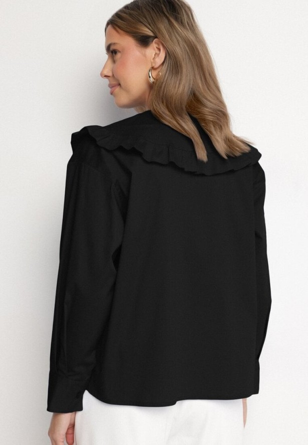 Czarna Bawełniana Koszula Retro z Ozdobnym Kołnierzykiem i Wiązaniem Ravselina