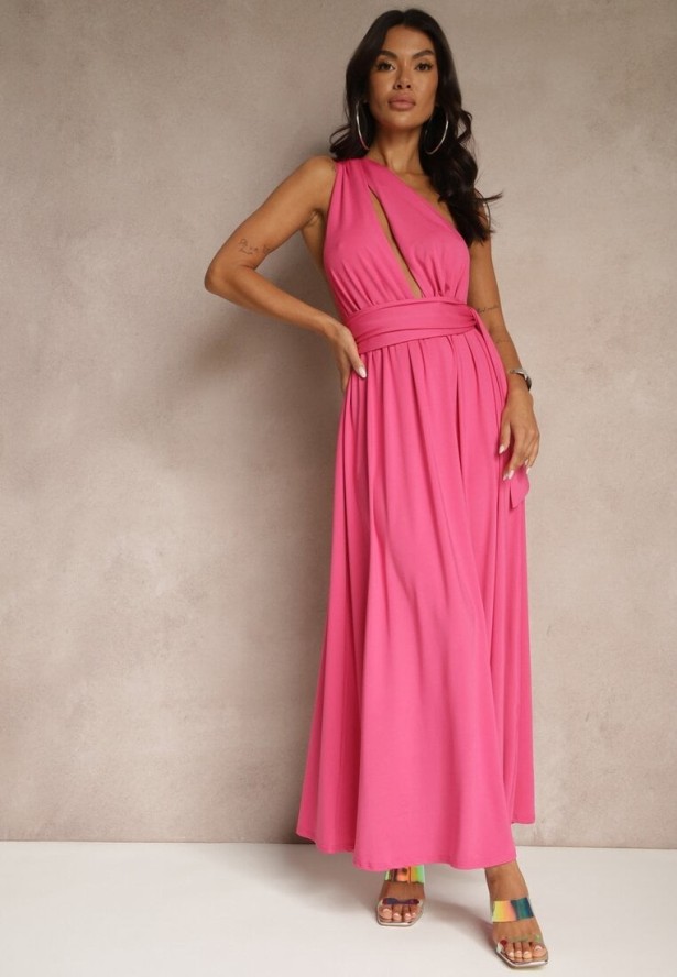 Fuksjowa Sukienka Koktajlowa Multiway z Wiskozą Wiązana na Szyi Lilovea