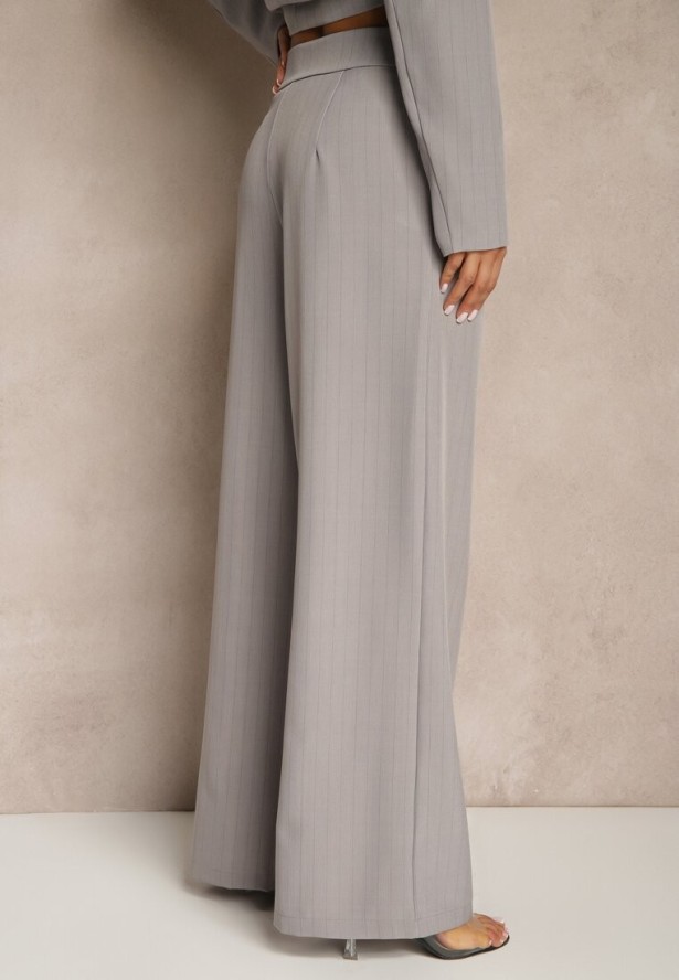 Szare Szerokie Spodnie Garniturowe z Wiskozą Ozdobione Paskiem Ellilara