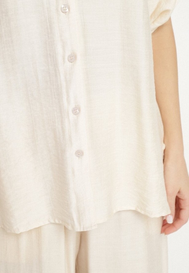 Jasnobeżowy Komplet z Wiskozy Koszula z Podpinanymi Rękawami i Szerokie Spodnie Dormoi