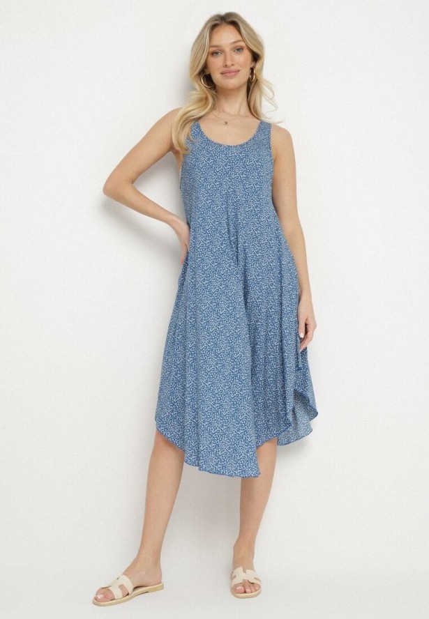 Niebieska Rozkloszowana Sukienka z Bawełny w Abstrakcyjny Wzór Ronive