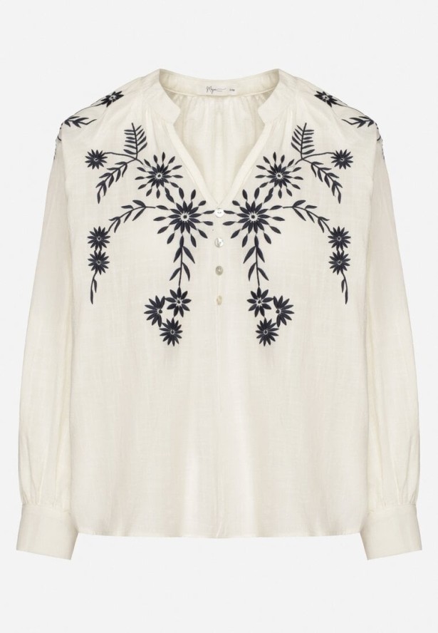 Beżowo-Granatowa Bluzka z Wiskozy z Ozdobnym Haftem Erinova