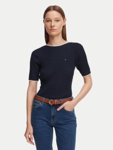 Tommy Hilfiger Bluzka Fine Gg Cable Boat WW0WW50103 Granatowy Regular Fit