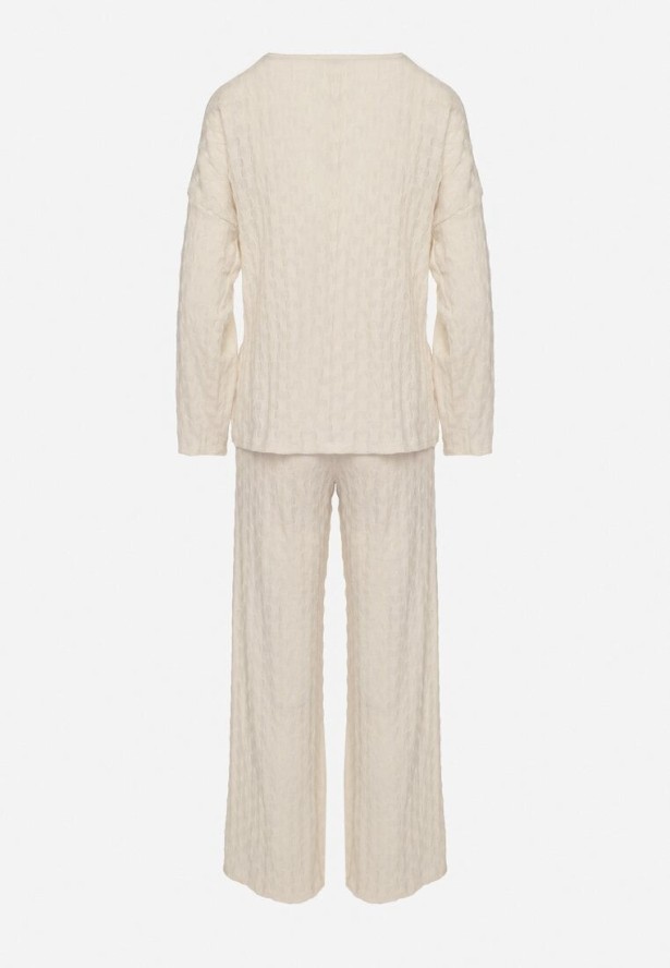 Beżowy Komplet Szerokie Spodnie i Bluzka z Ozdobnym Wiązaniem Cilinne