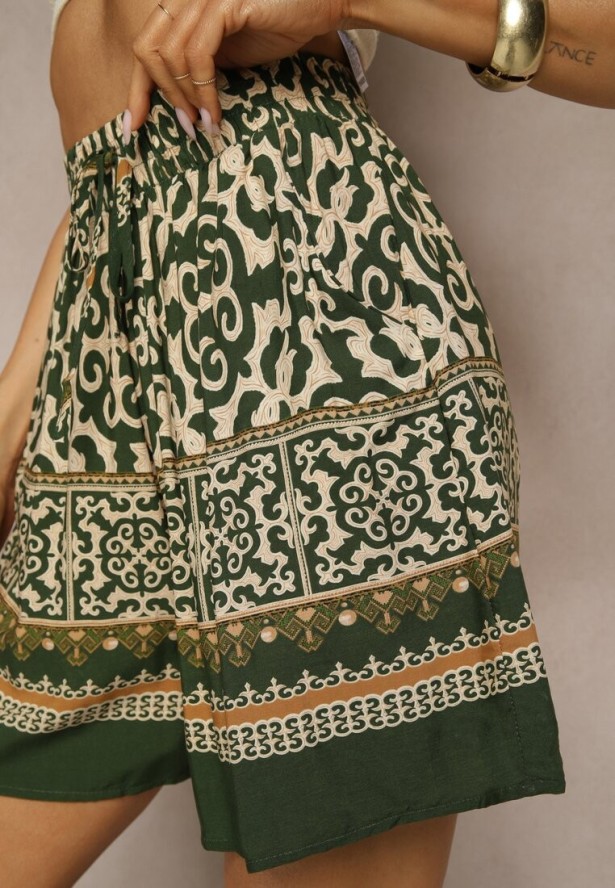 Ciemnozielone Szorty Bermudy z Bawełny z Gumką w Pasie w Ornamentalny Print Volienne