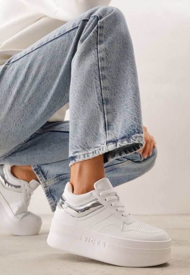 Biało-Srebrne Sneakersy VICES na Grubej Podeszwie z Przeszyciami i Tłoczeniem Berolle