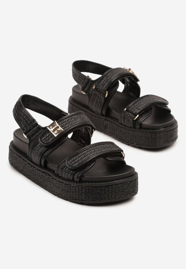 Czarne Sandały na Grubej Podeszwie z Plecionką i Metaliczną Ozdobą Milriz