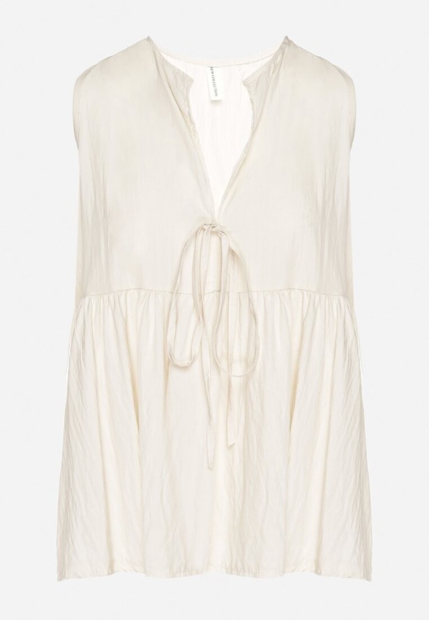 Beżowa Bluzka z Wiskozą z Baskinką Wiązaniem i Kołnierzykiem Davissen