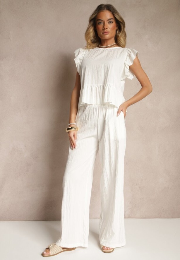 Biały Komplet z Wiskozą Spodnie o Szerokim Kroju i Bluzka z Baskinką Evellimi