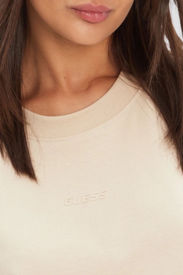 GUESS Beżowy bawełniany t-shirt damski z lampasami Britney, Rozmiar M