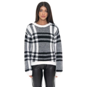 Bluza Leone 1947 Glam Winter Damen Karo Rundhalspullover z Logo-Etikett