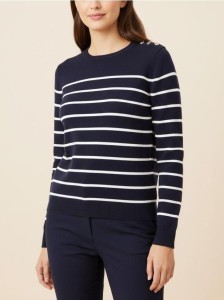 Sweter w paski z ozdobnymi guzikami na ramieniach - granatowy