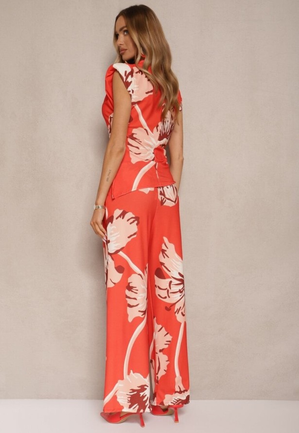 Pomarańczowy Komplet Marszczona Bluzka o Asymetrycznym Kroju i Szerokie Spodnie w Kwiaty Linidia