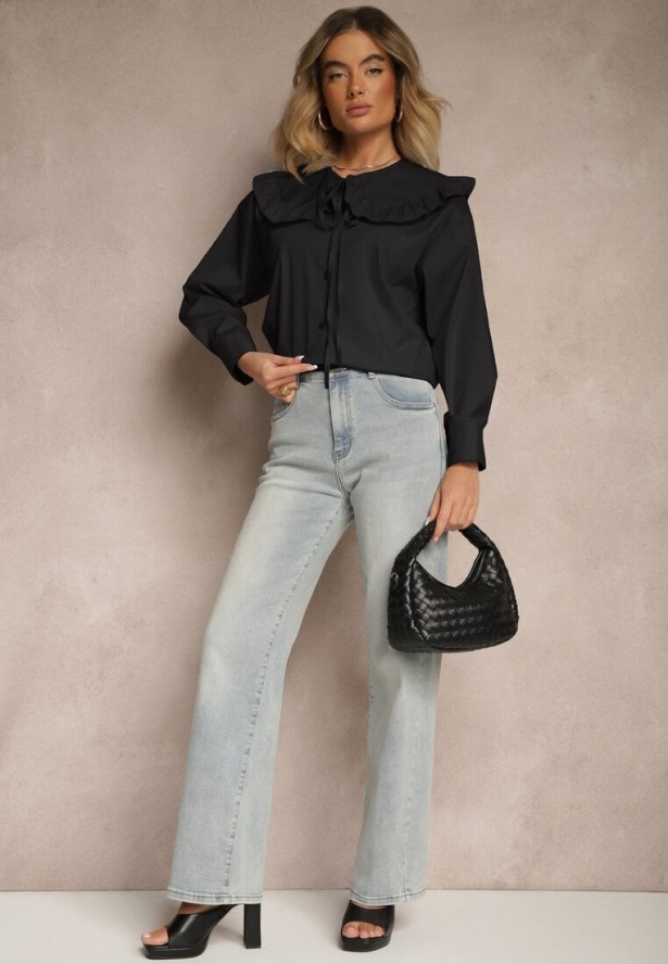 Czarna Koszula z Bawełny w Stylu Retro z Wiązaniem i Kołnierzykiem z Falbankami Firsela