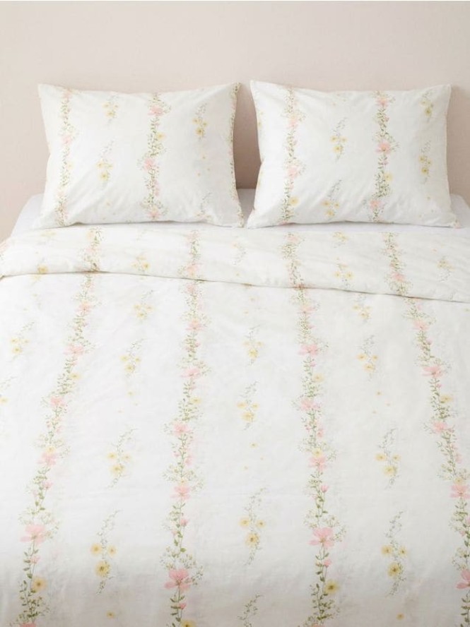 Komplet bawełnianej pościeli z motywem kwiatowym - kremowy