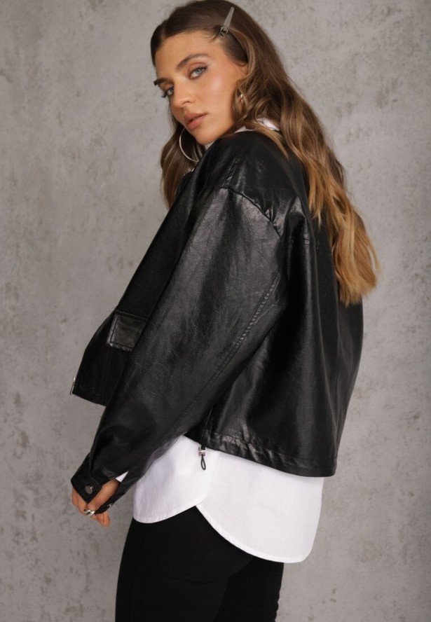 Czarna Kurtka Ramoneska Bomber z Kieszeniami z Klapami Nealira