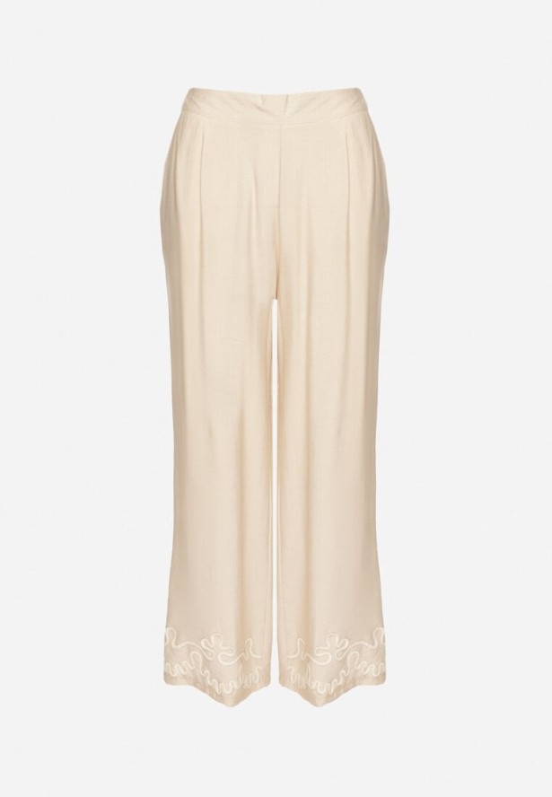 Jasnobeżowe Szerokie Spodnie z Wiskozy z Lnem Ozdobione Przeszyciami Fenerisa