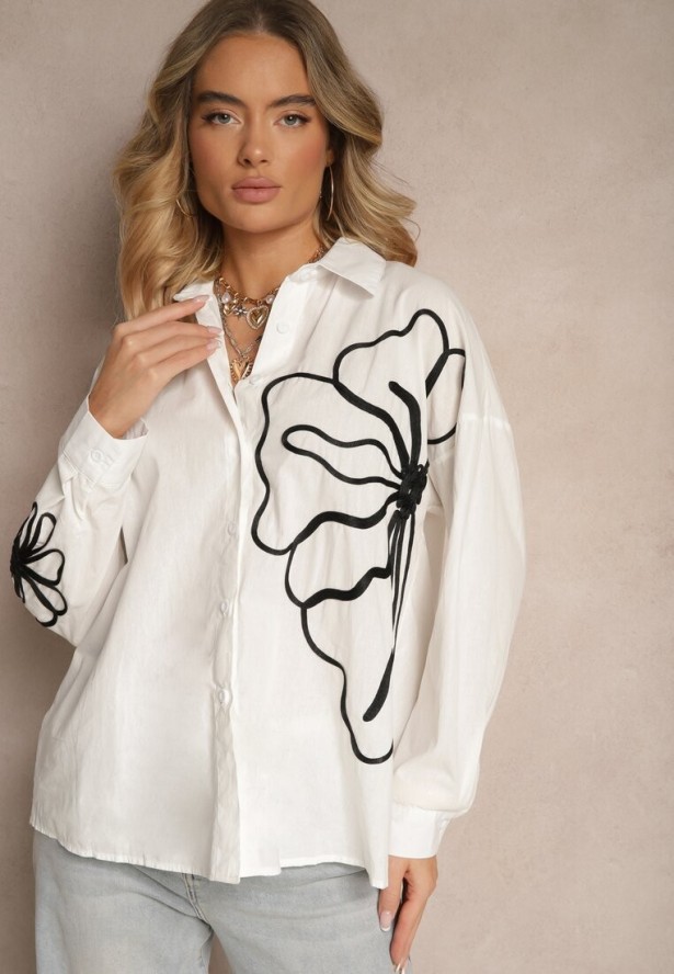 Biała Koszula z Bawełny z Ozdobną Aplikacją z Kwiatami Frolreia