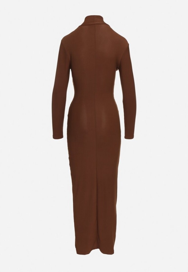 Brązowa Wieczorowa Sukienka z Półgolfem i Marszczeniami Emelisse