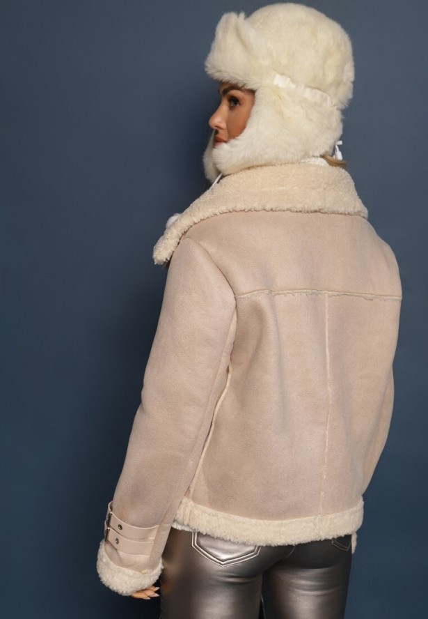 Beżowa Kurtka Biker z Futerkiem Asymetrycznym Suwakiem i Paseczkami Sanet