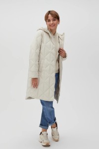 Długa, pikowana kurtka z kapturem beżowa