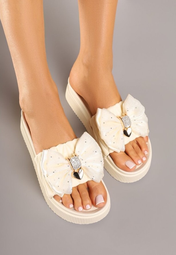 Beżowe Klapki na Grubej Podeszwie z Ozdobną Kokardą Kinnela