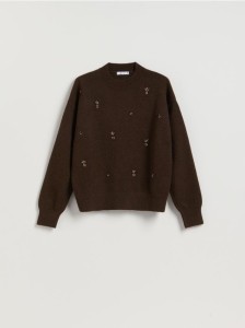 Sweter z ozdobnymi aplikacjami - ciemnobrązowy