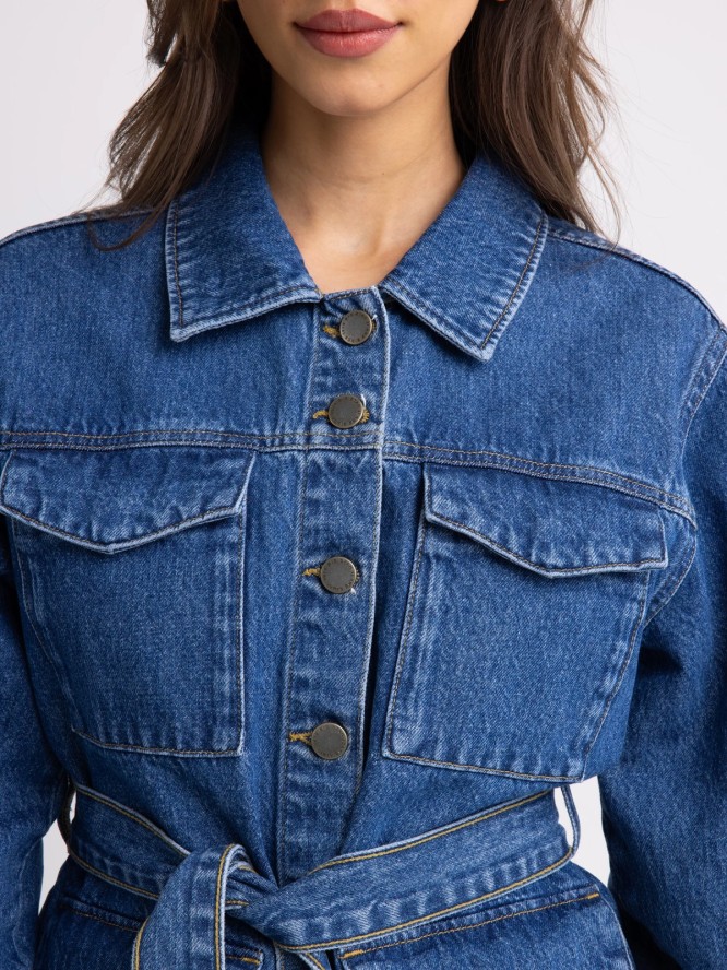 Kurtka damska jeansowa z wiązaniem w pasie niebieska Chelsey 379