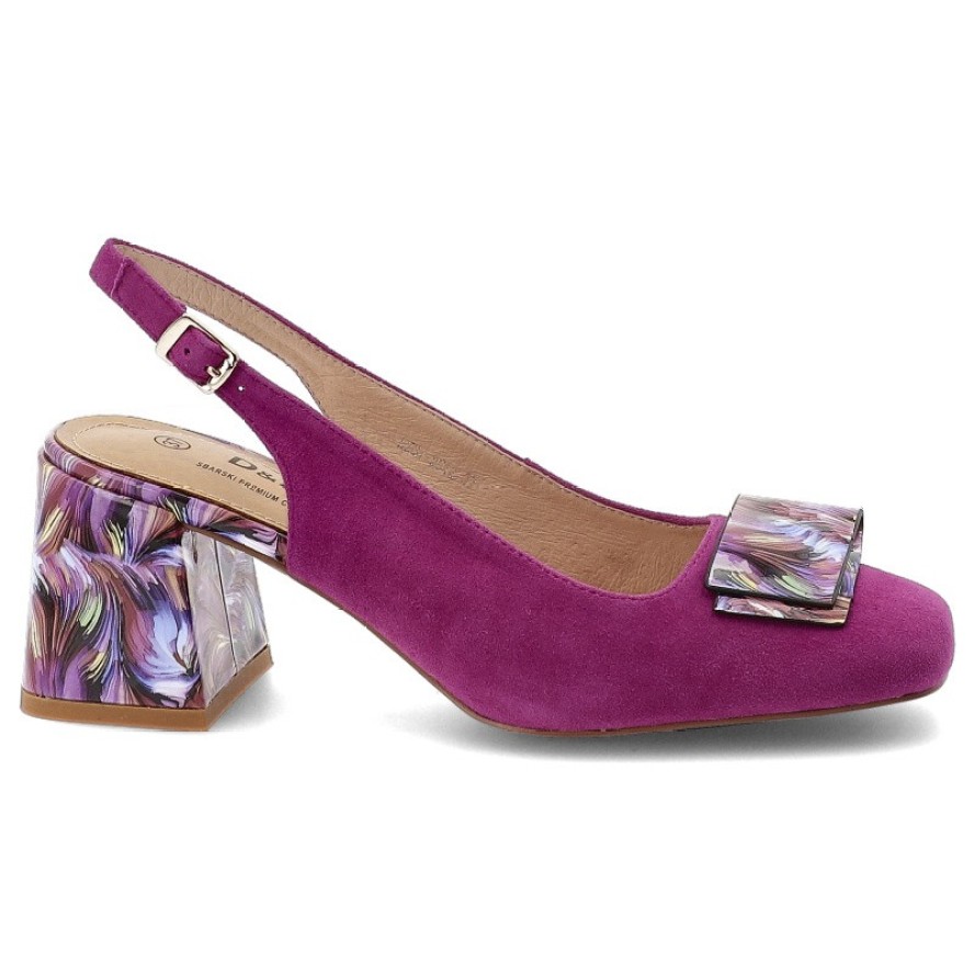 Czółenka damskie S.Barski, cholewka ze skóry naturalnej z odkrytą piętą na efektownym obcasie z artystycznym printem oraz dekoracyjną kokardą, różowe