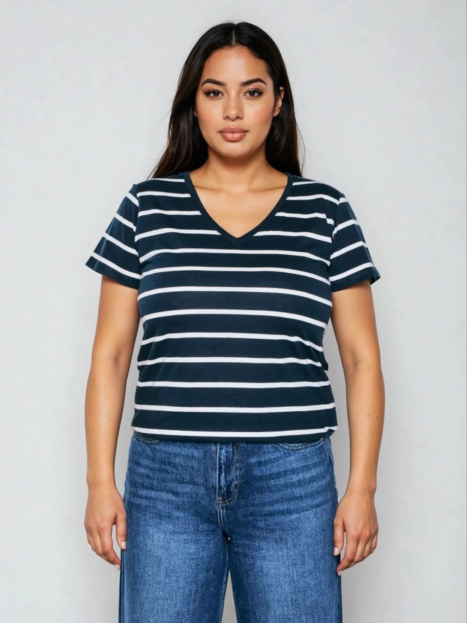 Koszulka damska z dekoltem v-neck w paski granatowa Retina 403