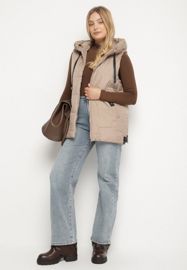 Beżowa Pikowana Kamizelka z Kapturem i Sznurkami Imvila